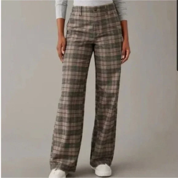 american eagle super high rise wide leg 30 waist regular brown gray blue plaid - Picture 1 of 4